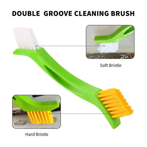 Double-ended green grout brush with handle showcasing soft and hard bristles, part of Six Piece Green Grout Cleaner Brush Set.