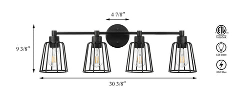 Dimensions of the Farmhouse Vanity Light for Bathroom, 4 Light Industrial Over Mirror Fixture in Matte Black With Cage Shade shown.