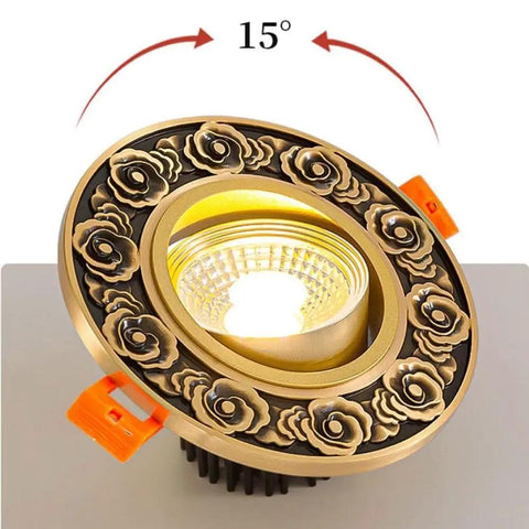 Smooth Brushed Brass LED Recessed Downlights 9 Pack Sleek Anti Glare Ceiling Fixtures Dimmable CRI 90 with decorative floral trim.