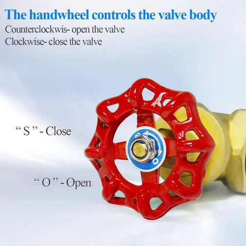 Close-up of 2-Inch NPT Brass Gate Valve With Handwheel, red handle detail, shown with instructions for clockwise and counterclockwise operation.