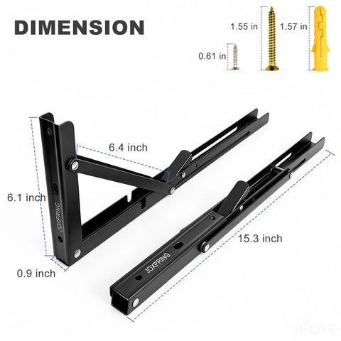 Rock Solid 16 Inch Folding Shelf Brackets Heavy Duty Steel Wall Mounts For Everyday Grind Drop Down Table Garage Kitchen Laundry Storage Solutions Black Two Pack dimensions of 6.4 inch and 15.3 inch shown