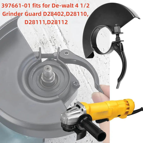 Grinder Guard Five Inch And Four And A Half Inch Replacement Part 39766101 for DeWalt Angle Grinders, shown with tool and installation view