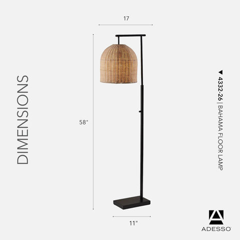 Coastal Modern Floor Lamp With Dark Bronze Base And Rattan Lampshade, Perfect For Bedroom, Living Room Or Home Office Lighting