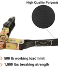 Heavy Duty Ratchet Tie Down Straps Six Pack One Inch Wide By Six Feet Long Black Polyester Cargo Hauling And Motorcycle Tie Downs With Tough As Nails Hardware with detailed strap and hardware close-up.