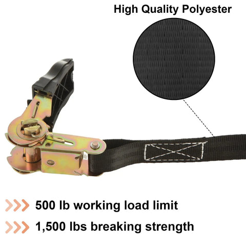 Heavy Duty Ratchet Tie Down Straps Six Pack One Inch Wide By Six Feet Long Black Polyester Cargo Hauling And Motorcycle Tie Downs With Tough As Nails Hardware with detailed strap and hardware close-up.