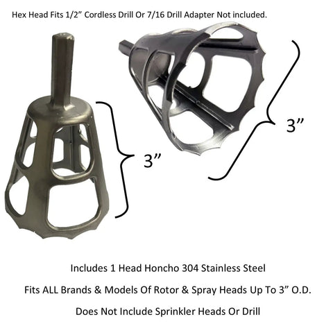 Professional Grade Sprinkler Head Installation Tool crafted from 304 solid stainless steel, hex head fits drill adapters.