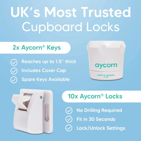 Magnetic Cabinet Locks For Babies No Drilling No Screws 10 Pack With 2 Keys easy installation features displayed on packaging