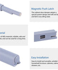 Heavy Duty Magnetic Push Latches Soft Close Cabinet Hardware Spring Loaded Touch Release, ABS gray push latch with installation features.