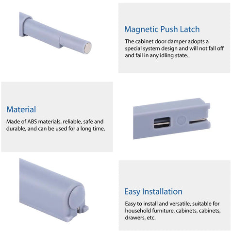 Heavy Duty Magnetic Push Latches Soft Close Cabinet Hardware Spring Loaded Touch Release, ABS gray push latch with installation features.