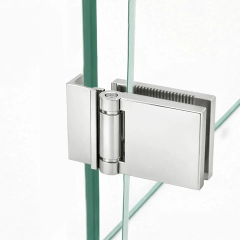 Buttery Smooth L Mount Shower Door Hinge For One Quarter Inch Tempered Glass Aluminum Bracket Polished Chrome Finish side view