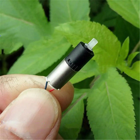 Ultra Compact 3V Dope Micro Planetary Gear Motor With Coreless Gearbox For Tiny Robot Cars 6mm Diameter By 10mm Length 1:26.15 Gear Ratio Flat 2mm Shaft 1200 RPM 22mA NoLoad Pack Of 2 shown in hand for scale against green leaves