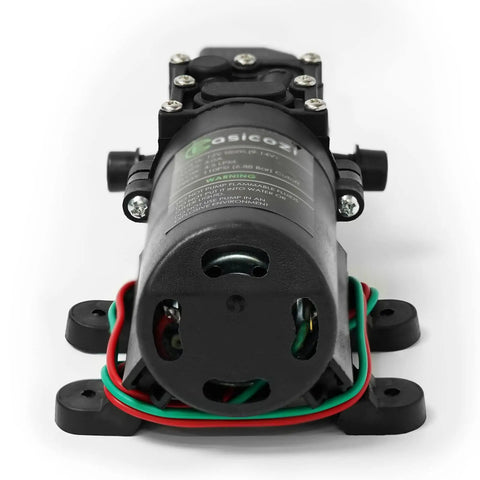 Front view of 12 Volt Fresh Water Pump For RV Camper Boat And Lawn With Self Priming Diaphragm, 4.5 Liters Per Minute Flow And 110 Psi Adjustable Switch