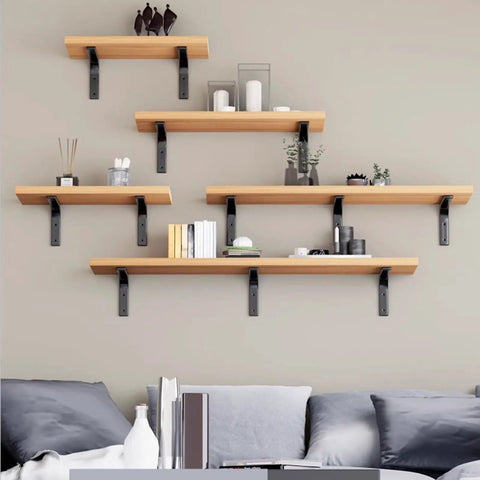 Rock Solid Metal L Floating Shelf Brackets In Matte Black Deliver Heavy Duty Corner Support with wooden shelves and decor.