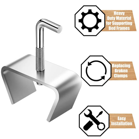 4 Pack 1-1/4 Inch Bed Frame Rail Clamps And Connectors Heavy Duty Zinc Plated Hardware shown with a detailed view of installation.