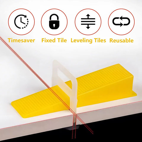 Reusable Tile Leveling Wedges Set DIY Friendly Pro Grade Tile Leveling System Kit With One Eighth One Sixteenth One Thirty Second Inch Spacers 500 Pieces Yellow For Easy Tile Install Durable Plastic Wedges Quick Align And Level Every Time shown with features like timesaver, fixed tile.