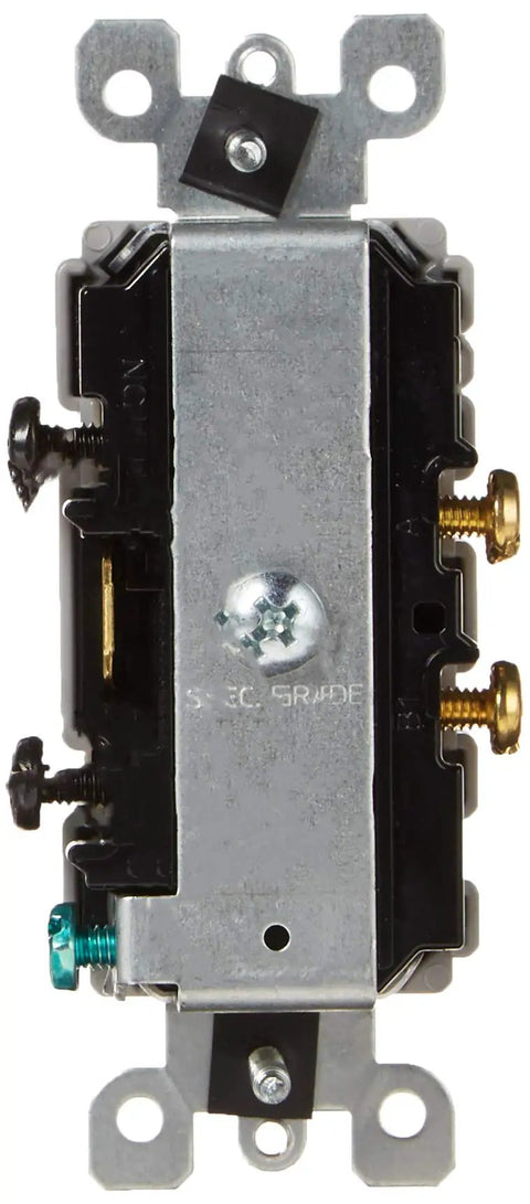 Close-up of Decora Style 15 Amp Single Pole AC Combination Switch Gray 120 To 277 Volt Commercial Grade Grounding 5634GY back view.