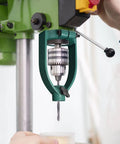 Drill Press Stand With Square Tenon Converter Drill Press Adapter in use for DIY woodworking, showing green and metal components.