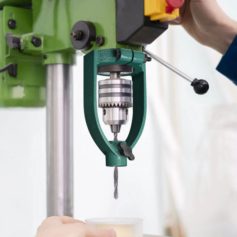 Drill Press Stand With Square Tenon Converter Drill Press Adapter in use for DIY woodworking, showing green and metal components.
