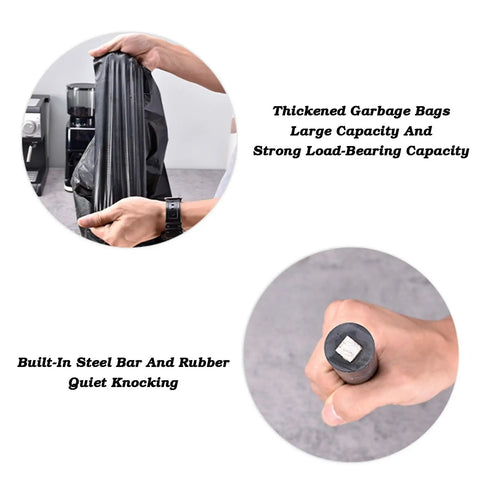 Smooth Commercial Espresso Knock Box With Detachable Vertical Grounds Catcher Bundle Includes Twenty Five Trash Liners Plus Wipe Rag, showing thickened garbage bag and built-in steel bar.