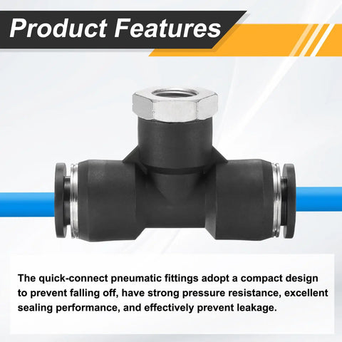 Push To Connect Branch Tee Air Fitting For Three Eighths Inch Tube OD And NPT One Eighth Inch Thread Heavy Duty Pneumatic Brass And PBT Connector With Nickel Plating Ideal For Water Air And Oil Lines