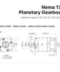 Heavy Duty Nema 17 Stepper Motor Precision Planetary Gearbox technical drawing showing dimensions and reduction ratios for CNC applications.