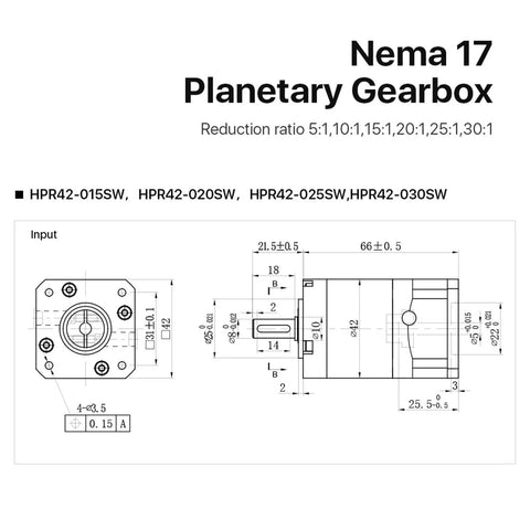 Heavy Duty Nema 17 Stepper Motor Precision Planetary Gearbox technical drawing showing dimensions and reduction ratios for CNC applications.