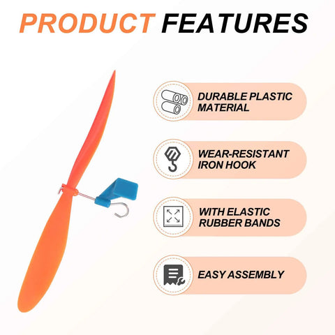 5 Inch Orange Plastic Propeller Set With Rubber Band Hooks For DIY STEM Airplanes Helicopters And Prop Driven Cars Fold Resistant Durable Propeller Blades Pack Of 5 showing product features including durable plastic material and easy assembly.