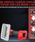 Milwaukee M18 Compatible Cordless LED Work Light Flashlight, 18W 2000 Lumen Spotlight, red, battery details shown
