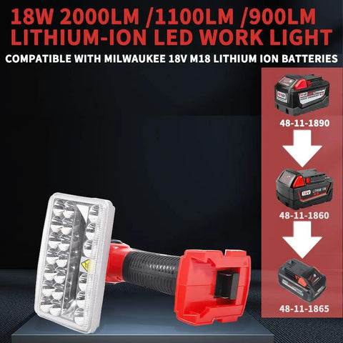 Milwaukee M18 Compatible Cordless LED Work Light Flashlight, 18W 2000 Lumen Spotlight, red, battery details shown