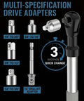 Multi-Specification drive adapters showing various sizes for 1/4", 3/8", and 1/2" socket compatibility for quick use.