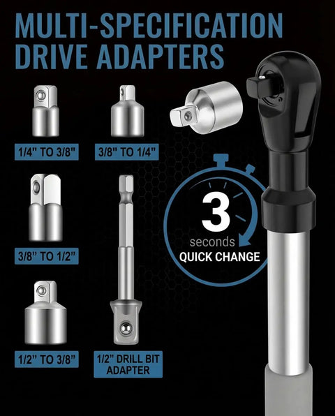 Multi-Specification drive adapters showing various sizes for 1/4", 3/8", and 1/2" socket compatibility for quick use.