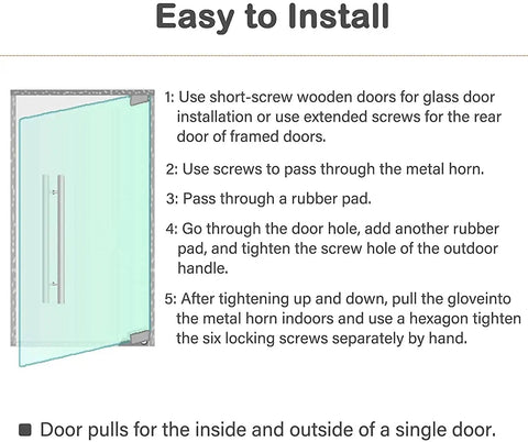 Diagram showing installation steps for Heavy Duty Sliding Barn Door Handle Wooden Push Pull Bar For Wood Doors on a glass door.
