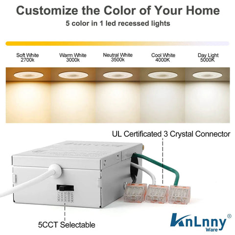 KnLnny Ware Recessed Lighting, Ajustable Eyeball recessed Light with Junction Box showing 5 color temperature options and connectors.