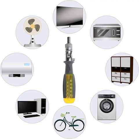 Ratcheting Screwdriver 10 In 1 Magnetic Head Set With S2 Steel Bits Bi Directional Ratchet surrounded by repair icons