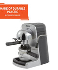 Compact Electric Bistro Style Espresso And Cappuccino Maker With Durable Glass Carafe in sleek silver and black, made of durable plastic.