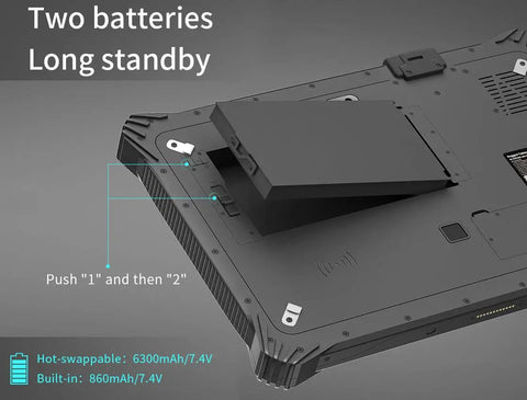 Badass Rugged Tablet With Kickass Dual Hot Swap Batteries, 12 Inch Windows 11 Pro Industrial Touchscreen, Intel N5100, 8 Gigabyte Ram, Built Like A Tank For Rough Job Sites And Heavy Duty Enterprise Ops showing two hot-swappable batteries.