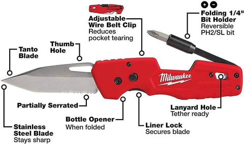 Red Black Folding Utility Knife With Multi Tool Bits And Stainless Tanto Blade, reversible and open to show features.