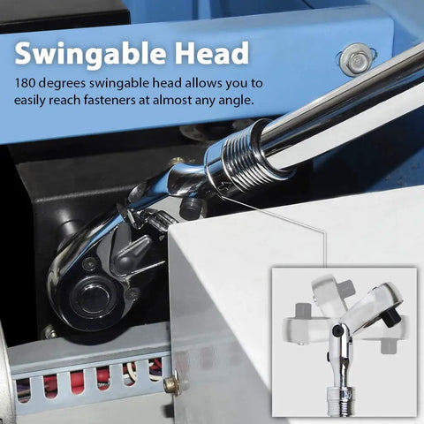 Close-up of Extendable 1/2 Inch Drive Locking Ratchet Wrench with 180 Degree Head in use on equipment, highlighting flexibility.
