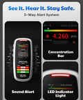 No Sweat Portable Radon Detector For House And Basement Air Testing Rechargeable 3 In 1 Indoor Meter displaying radon levels and alerts.