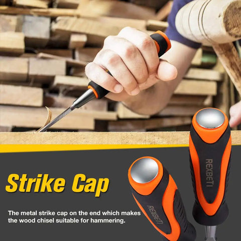 Four Piece Wood Chisel Set For Woodworking With Heat Treated CRV Steel Blades And Sharp Edges in use, close-up of hands carving wood.