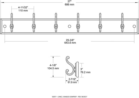 Detailed diagram of Wall Mounted Coat Rack With Six Decorative Hooks 27 Inch Length Soft Iron Cocoa Finish, measurements shown.