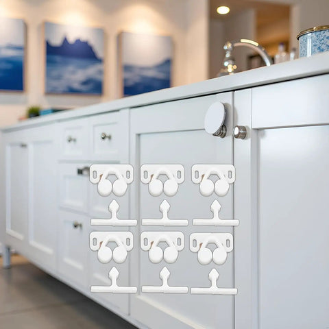 Six Pack Of White Ball Catch Roller Latches For Boat Marine Cupboard Cabinet Doors Heavy Duty Spring Loaded Plastic Hardware on a kitchen cabinet.