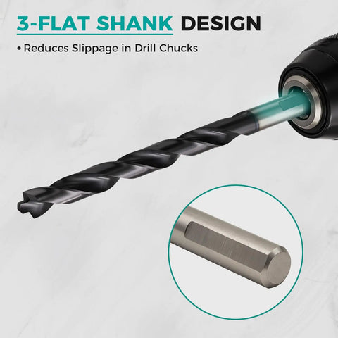 Pro Grade 21 Piece Cobalt Drill Bit Set With Bullet Point Tip M35 TiAlN Coated, 3 Flats Shank, close-up of drill bit and shank