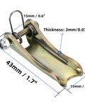 Close-up of golden tone 2 Pack Steel Safety Hook Latch Replacement Kit For Clevis Slip Hook dimensions labeled