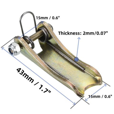 Close-up of golden tone 2 Pack Steel Safety Hook Latch Replacement Kit For Clevis Slip Hook dimensions labeled