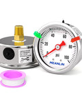 Glycerin Filled Stainless Steel Pressure Gauge 0 To 100 PSI, 1.5 Inch Dial, 1/8 NPT Back Mount, shows gauge and fitting on white background