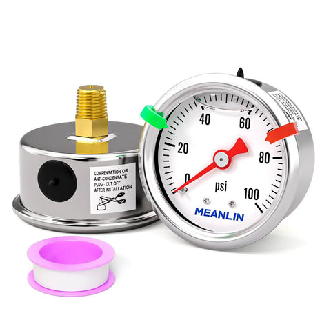 Glycerin Filled Stainless Steel Pressure Gauge 0 To 100 PSI, 1.5 Inch Dial, 1/8 NPT Back Mount, shows gauge and fitting on white background