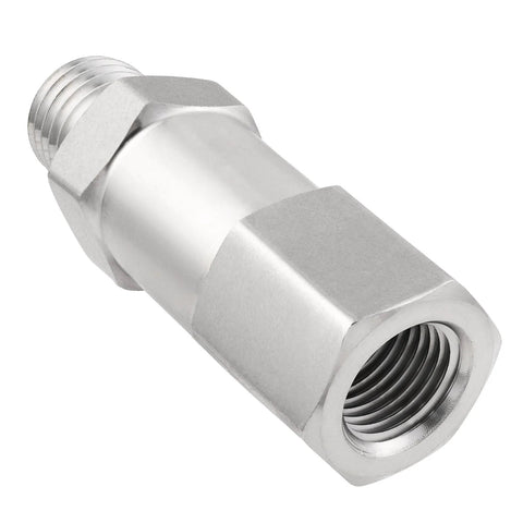Yoebor 304 stainless steel detachable check valve, angled side view, 1/4 inch FNPT inlet x MNPT outlet.