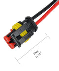 Close-up of 2 Pin Waterproof 18AWG Wire Connector Kit with Preassembled 10cm pigtail, black housing, and male terminals shown.