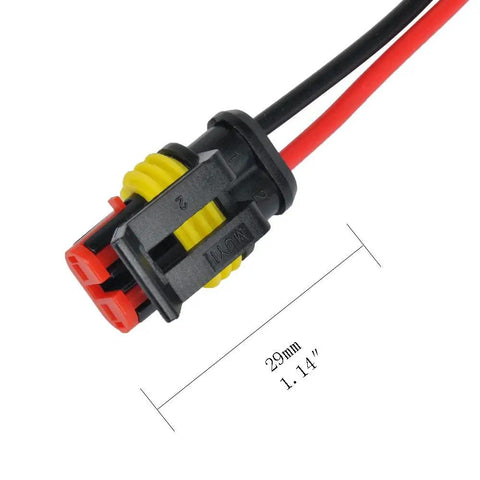 Close-up of 2 Pin Waterproof 18AWG Wire Connector Kit with Preassembled 10cm pigtail, black housing, and male terminals shown.